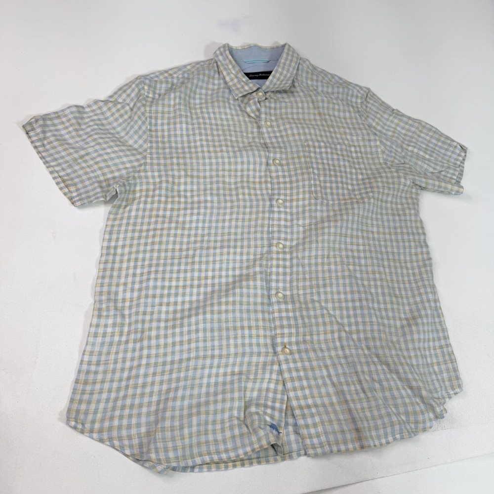 Tommy Bahama Shirt Mens Large Blue Yellow Plaid‎ Linen Short Sleeve Button Up